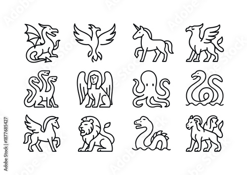 Legendary Creatures Icons. Legendary creatures. Line icon set of Legendary creatures: dragon, phoenix, unicorn, griffin, hydra, sphinx, kraken, giant serpent,