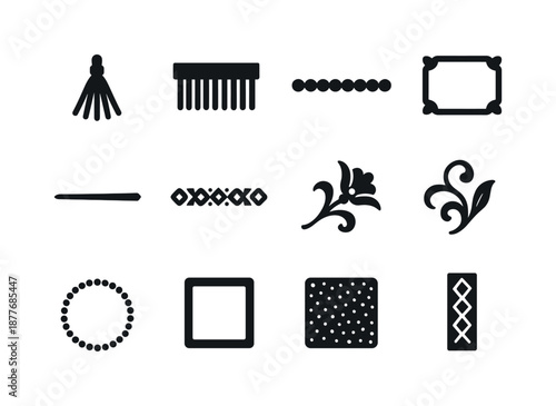 Decorative Screen Icons. Folding screen decorative elements. Solid icon set of folding screen decorative elements: tassel, fringe, bead string, carved frame,