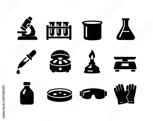 Lab Equipment Icons. Lab Equipment. Solid icon set of Lab Equipment: microscope, test tube rack, beaker, conical flask, pipette, centrifuge, bunsen burner, lab
