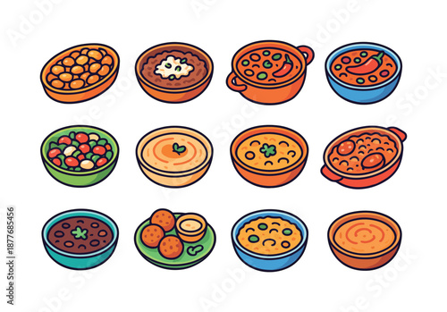 Colorful Bean Dishes. Bean Dishes. Colorful isometric vector icons set of Bean Dishes: baked beans, refried beans, bean stew, bean chili, bean salad, hummus,