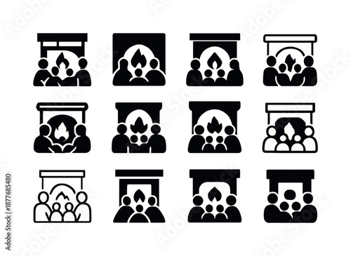 Cozy Fireplace Icons. People enjoying a warm fire in the fireplace. Icon set. Set Logo of people enjoying a warm fire in the fireplace: family by firelight.