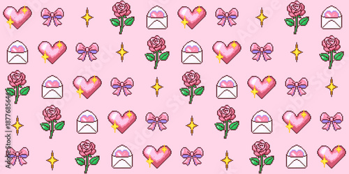 Seamless pixel art pattern with hearts, roses, envelopes, bows and sparkles on soft pink background. Cute retro 8-bit style design for Valentine’s Day, wrapping paper, textiles and digital products.