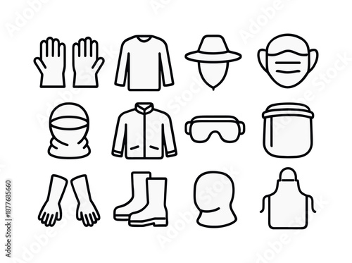 Protective Gear Icons. Protective clothing. Line icon set of Protective clothing: gloves, long-sleeve shirt, wide hat, mask icon, scarf wrap, protective