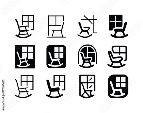 Rocking Chair Logos. Rocking chair by the window. Icon set. Set Logo of rocking chair by the window: cozy nook silhouette. harmonious logo variations of the