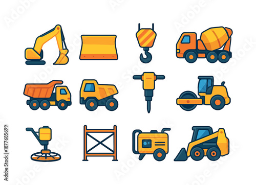 Construction Machinery Icons. Construction machinery. Colorful flat vector icons set of construction machinery: excavator arm, bulldozer blade, crane hook,
