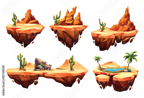 Desert floating islands with canyons, sand dunes, cacti, and palm trees. Vector cartoon illustration