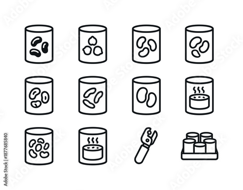 Canned Bean Icons. Canned Bean Varieties. Line icon set of Canned Bean Varieties: canned black beans, canned chickpeas, canned kidney beans, canned navy beans,