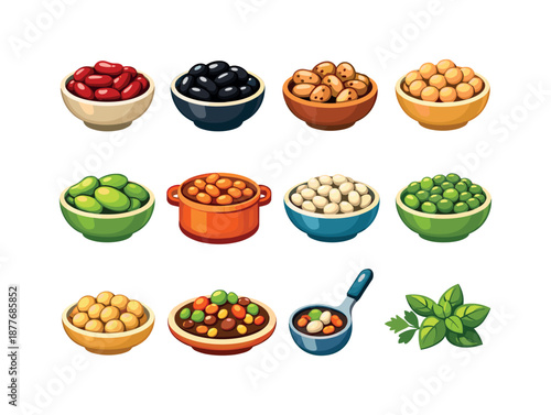 Colorful Beans Icons. Cooked Beans. Colorful flat vector icons set of Cooked Beans: boiled kidney beans, black beans bowl, pinto beans, chickpeas, lima beans,