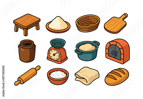 Rustic Bakery Icons. Rustic bakery. Colorful isometric vector icons set of rustic bakery: wooden table, flour pile, wicker proofing basket, bread peel,