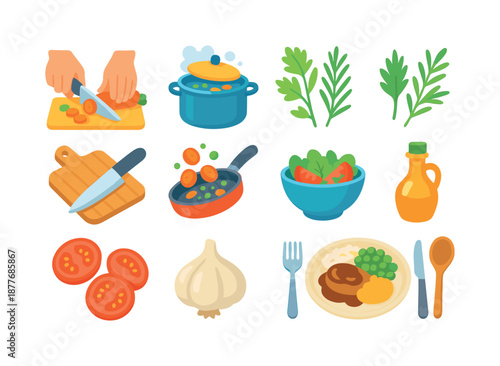 Family Cooking Icons. Cooking a family meal with fresh ingredients. Colorful flat vector icons set of cooking a family meal with fresh ingredients: chopping