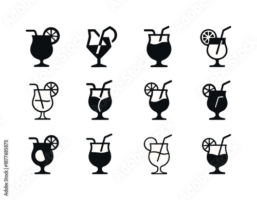 Party Drinks Icons. party drinks. Icon set. Set Logo of party drinks: fruity mocktail glass. harmonious logo variations of the same emblematic concept, each