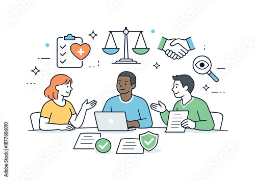 Ethical Business Values. Ethical business practices. Team discussing values and fair decisions around documents and simple icons, calm trust and transparency.