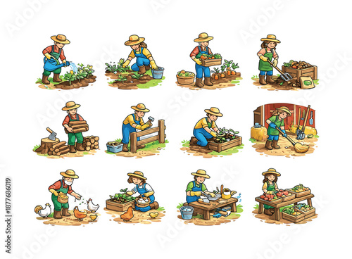Farm Chore Icons. farm chores. Colorful isometric vector icons set of farm chores: watering plants, pulling weeds, harvesting veggies, mixing compost, stacking