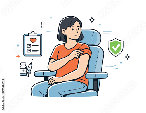 Vaccination Trust Illustration. Vaccination moment consent. Patient calmly rolling up a sleeve while sitting in a medical chair, quiet readiness and trust.