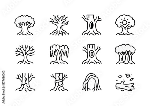 Enchanted Tree Icons. Enchanted trees. Line icon set of Enchanted trees: ancient oak, twisted roots, hollow trunk, glowing symbol, branching limbs, hanging