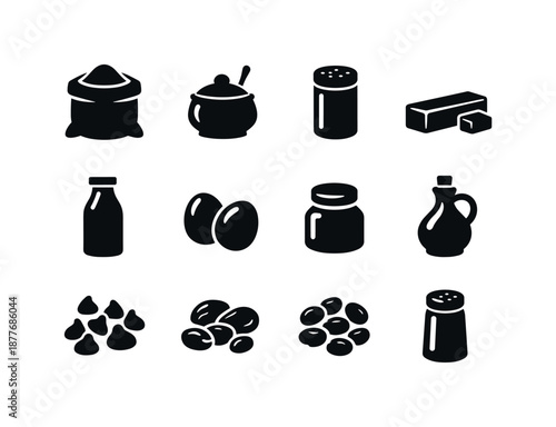 Baking Ingredients Icons. Baking ingredients. Solid icon set of baking ingredients: flour bag, sugar bowl, salt tin, butter stick, milk bottle, eggs, yeast