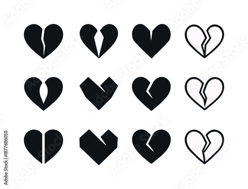 Abstract Heart Icons. Open Heart. Icon set. Set Logo of Open Heart: Heart cracked and open: Negative space, Flat solid, Abstract geometric, Filled silhouette,