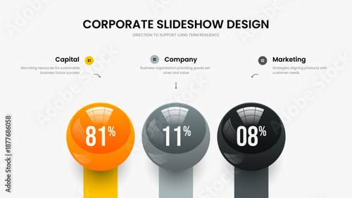 Simple Strategy Slide Template Vector Illustration. Professional Performance Three Element Infographic Slideshow Layout. Science Solution 3 Option Diagram Presentation Design.