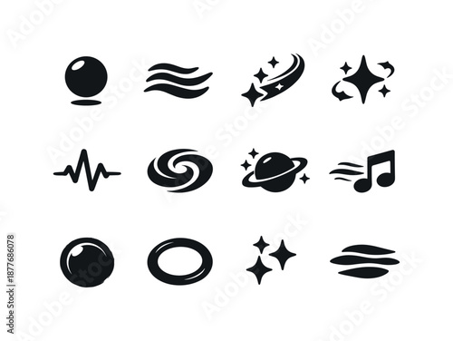 Dreamy Soundscape Icons. Dreamy soundscapes. Solid icon set of dreamy soundscapes: floating orb, ambient wave, shimmer trail, star echo, soft pulse, dream