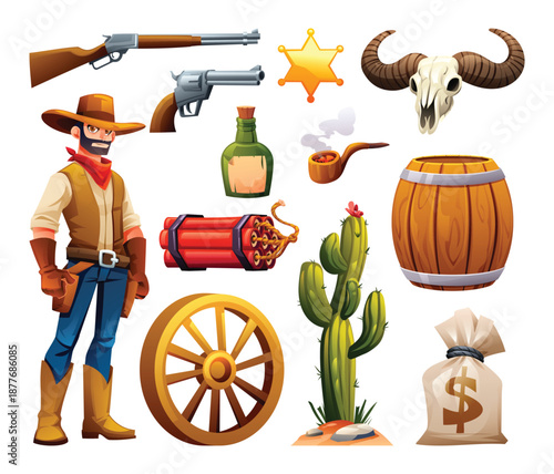 Western cowboy character with barrel, wagon wheel, weapons, and cactus set. Vector cartoon illustration