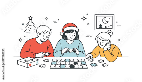 Holiday Puzzle Gathering. Friends doing holiday puzzle concentration. Friends quietly focused on puzzle pieces with gentle smiles, thoughtful mood and peaceful
