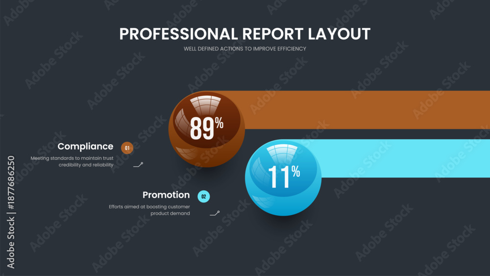 Fototapeta premium Corporate Visualization Two Element Graph Presentation Design. Creative Briefing Slideshow Layout Vector Illustration. Financial Planning 2 Step Chart Frame Template.