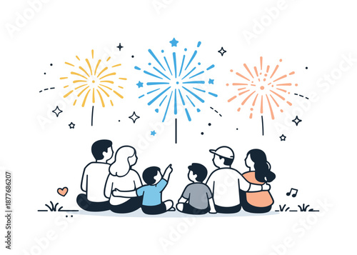 Festive Fireworks Gathering. Watching fireworks together outdoors. Family or friends gathered in an open space, softly lit by fireworks above. Warm festive