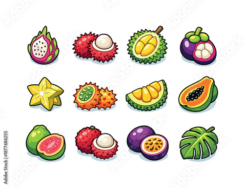 Exotic Fruit Icons. Exotic fruits. Colorful isometric vector icons set of exotic fruits: dragon fruit, rambutan, durian, mangosteen, starfruit, horned melon,