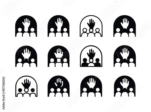 Interactive Theater Icons. Interactive theater. Icon set. Set Logo of interactive theater: audience engagement arc. harmonious logo variations of the same