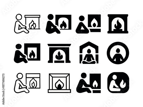 Cozy Fireplace Icons. People enjoying a warm fire in the fireplace. Icon set. Set Logo of people enjoying a warm fire in the fireplace: person sitting by fire.
