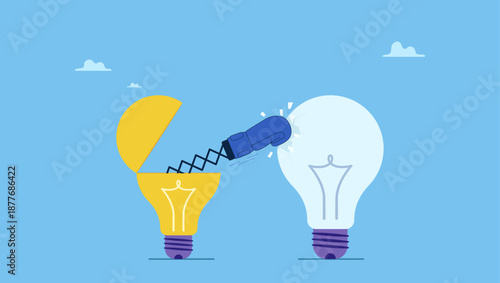 Bright open lightbulb idea with boxing glove to punch competitor. Pitching winner idea, disruption innovation or creativity to win business competition, business strategy or marketing.