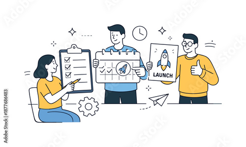 Streamlined Product Launch. Product launch preparation. Team members aligning final tasks with a checklist, calendar icons, and a finished product card.