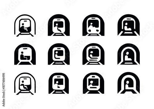 Subway Logo Variations. A subway train moving through underground tunnels, with passengers inside. Icon set. Set Logo of a subway train moving