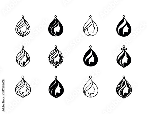 Feminine Beauty Icons. feminine beauty. Icon set. Set Logo of feminine beauty: jewelry pendant outline. harmonious logo variations of the same emblematic