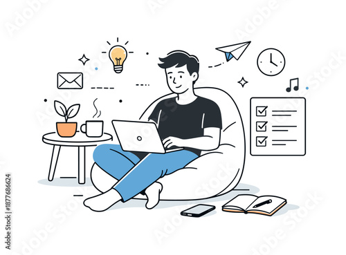 Freelance Work Bliss. Freelance work at home. A relaxed character working on a laptop, sitting comfortably and managing tasks independently. A sense of
