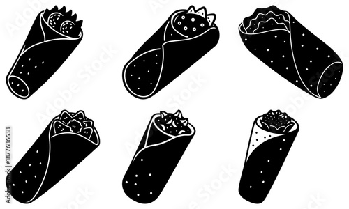 Five Black Burritos with Various Fillings on White Background food