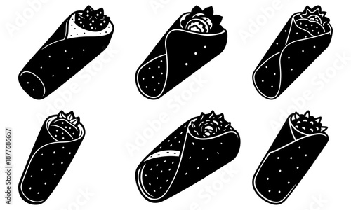 Five Black and White Burritos with Sesame Seeds on White Background food Mexican