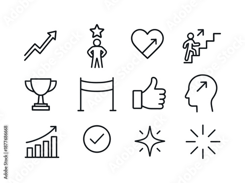 Growth Icon Set. Learning a new skill. Line icon set of confidence and growth: rising arrow, proud star, heart boost, upward steps, trophy icon, finish line,