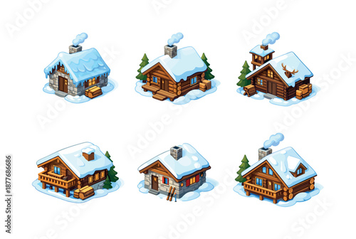 Winter Cabin Icons. Snow Cottages and Lodges. Isometric flat vector icons set of Snow Cottages and Lodges: ice roof cottage, pine wood cabin, winter hunting