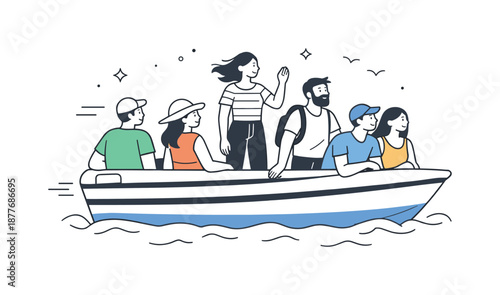 Serene Boat Adventure. People on a boat trip together. Group of people standing or sitting on a small boat, enjoying the view and fresh air. Relaxed travel and