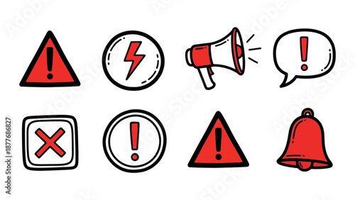 Collection of various red and black warning symbols and alert icons for notifications.