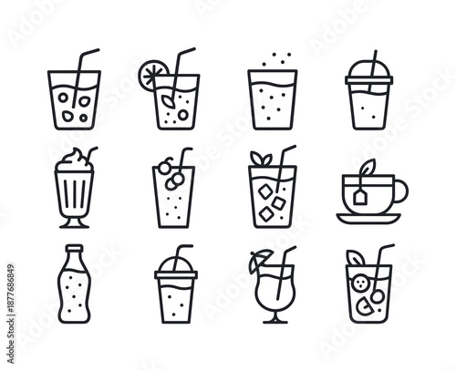 Party Drink Icons. Party drinks. Line icon set of non-alcoholic party drinks: fruit punch cup, lemonade glass, sparkling water, iced coffee cup, milkshake