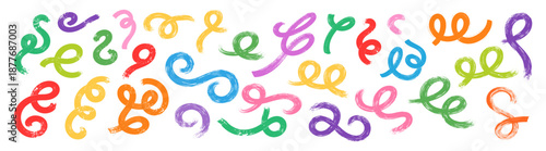Bold hand drawn colorful curved lines and swirled brush strokes, playful grunge doodle scribbles and squiggles vector set on transparent background