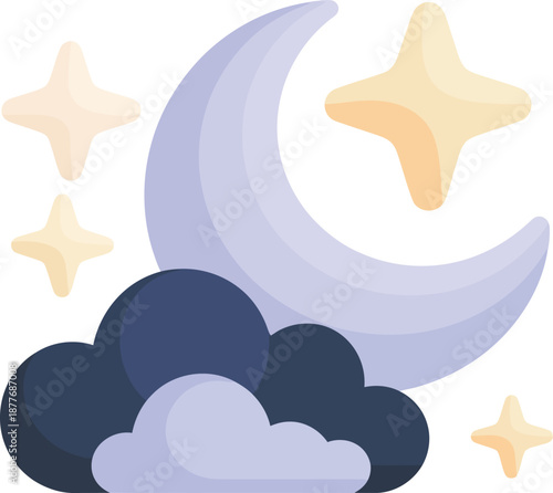 Moon and Stars Vector Icon, Night Sky with Clouds, Celestial Sleep Symbol, Astronomy Sub-Niche