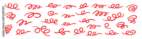 Red hand drawn abstract doodle loops and playful scribble curved lines, expressive decorative brush elements vector illustration on transparent background