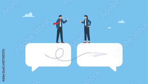 Business people having conversation on chat speech bubble. Communication or work discussion, sending message or telling new idea, conversation to gather information and solution.