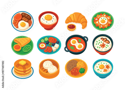 Global Breakfast Icons. Global breakfast traditions. Colorful flat vector icons set of global breakfast traditions: English breakfast plate, Japanese tamago