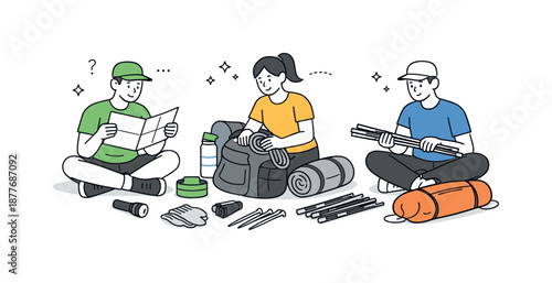 Organized Camping Setup. Friends setting up tent preparation. Friends checking instructions and sorting camping gear, organized process and quiet