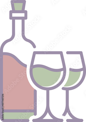 Wine Bottle and Two Glasses Vector Icon, Beverage and Celebration Concept