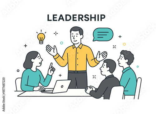 Guiding Collaborative Leadership. Leadership. A calm leader guiding a small team through discussion, sharing ideas with open gestures. Friendly collaboration